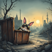 A rabbit wearing goggles peeks out from a dumpster in a desolate, post-apocalyptic landscape, capturing the essence of survival in a grim, abandoned world.