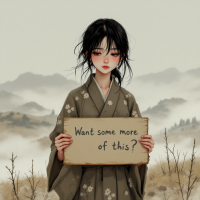 A girl in a traditional kimono stands against a misty landscape, holding a sign that reads, Want some more of this? reflecting the spirit of resilience from the quote, “I will not be the girl who fights and never wins.”