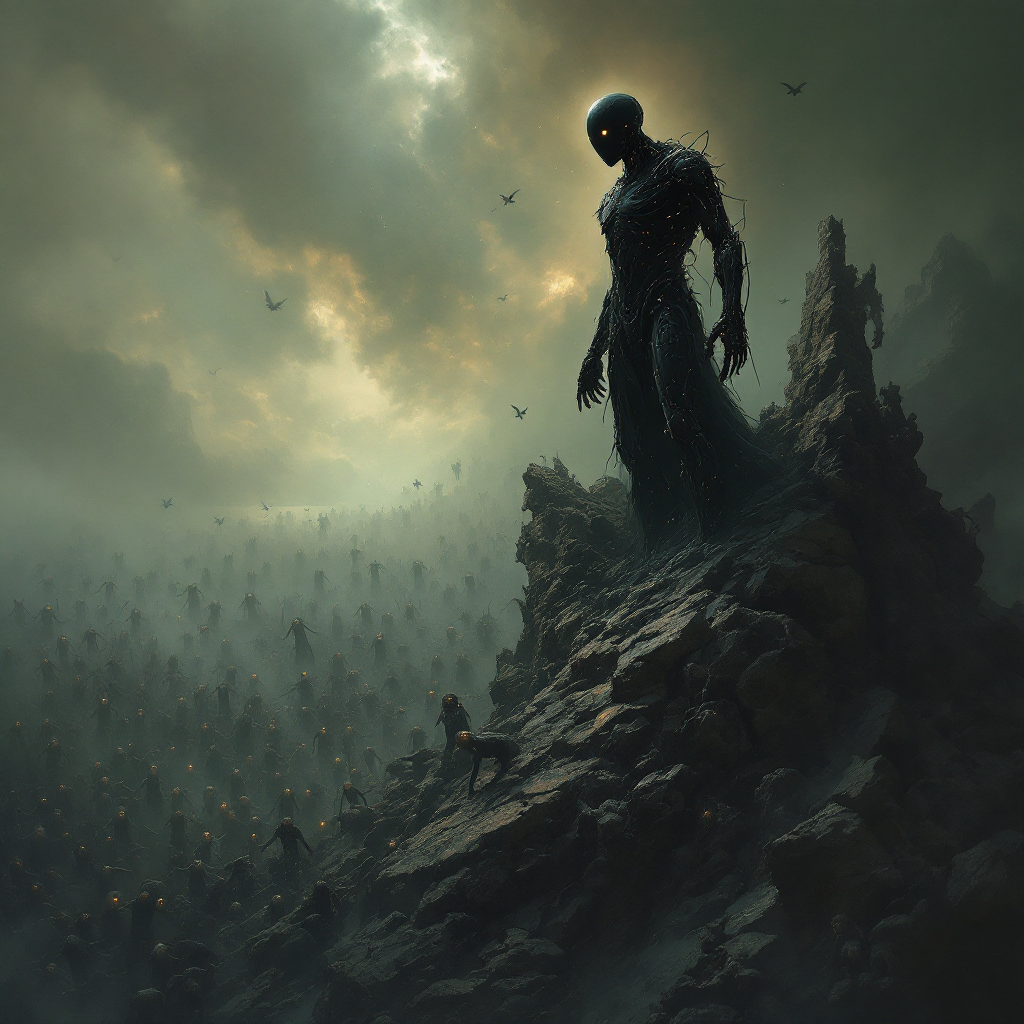 A towering, shadowy figure stands on a rocky peak, surrounded by a sea of tiny, faceless figures under an ominous sky, embodying the quote about power and strength.