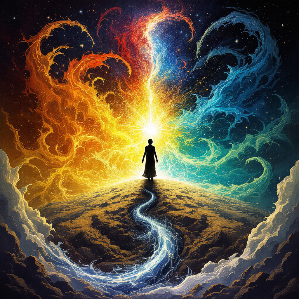 A silhouetted figure stands on a serene landscape, surrounded by vibrant swirling colors of orange and blue, symbolizing the duality of good and evil in understanding the world.