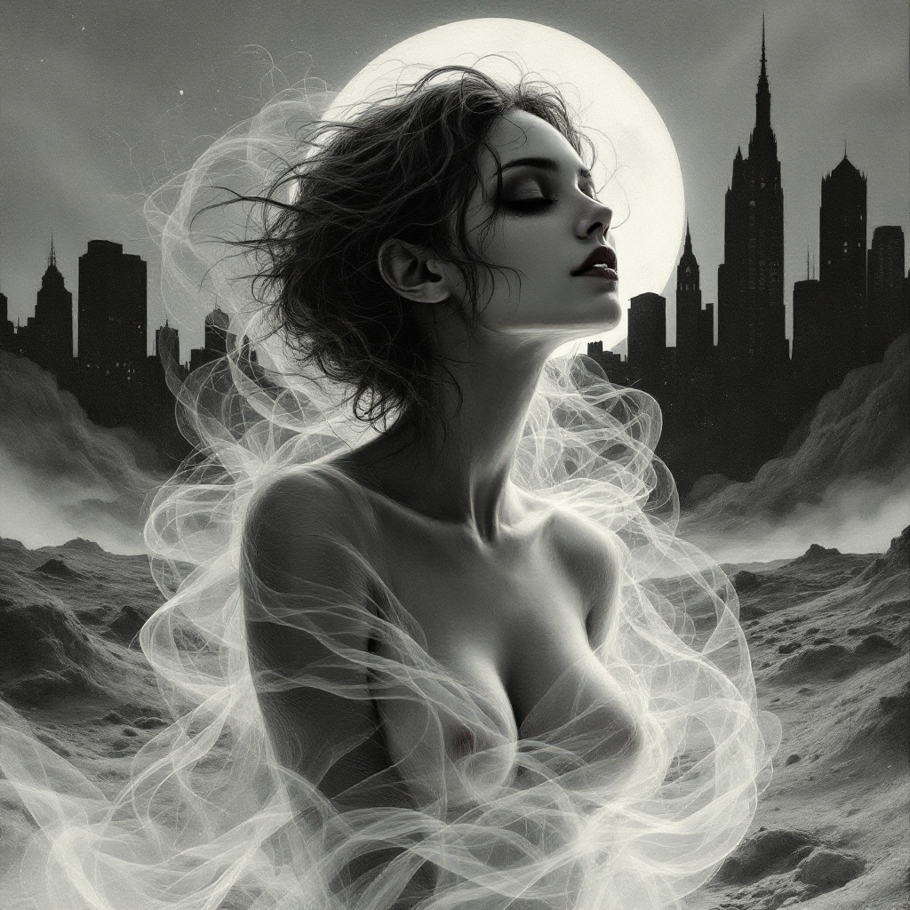 A mysterious woman surrounded by swirling mist stands against a dark city skyline, with a full moon illuminating the scene, evoking the quote, Sometimes dead is better.