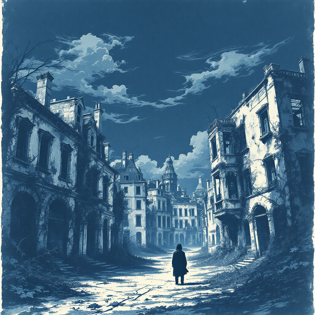 A solitary figure stands in a desolate street, surrounded by crumbling buildings under a dramatic sky, embodying the sentiment of focusing on the remnants of what’s already broken.