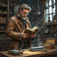 A scholarly figure in a leather coat reads an ancient book amidst a cluttered workshop filled with vintage gadgets and tools, embodying the quote about the mind and knowledge.