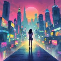 A figure stands at the edge of a vibrant cityscape, illuminated by colorful neon signs, against a backdrop of a large sunset, embodying different forms of bravery.