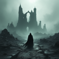 A dark, misty landscape features a cloaked figure standing before a crumbling castle, evoking themes of loss and the haunting question: What is left when honor is lost?