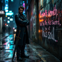 A solitary man in a dark, neon-lit alley stands confidently, sword at his side, next to graffiti that reads, A man's worth is not determined by the might of his sword, but by the depth of his soul.