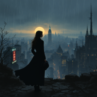 A figure in a dark coat stands on a rooftop, gazing over a rain-soaked city at dusk, with a golden glow on the horizon, embodying the longing for a lost golden age.