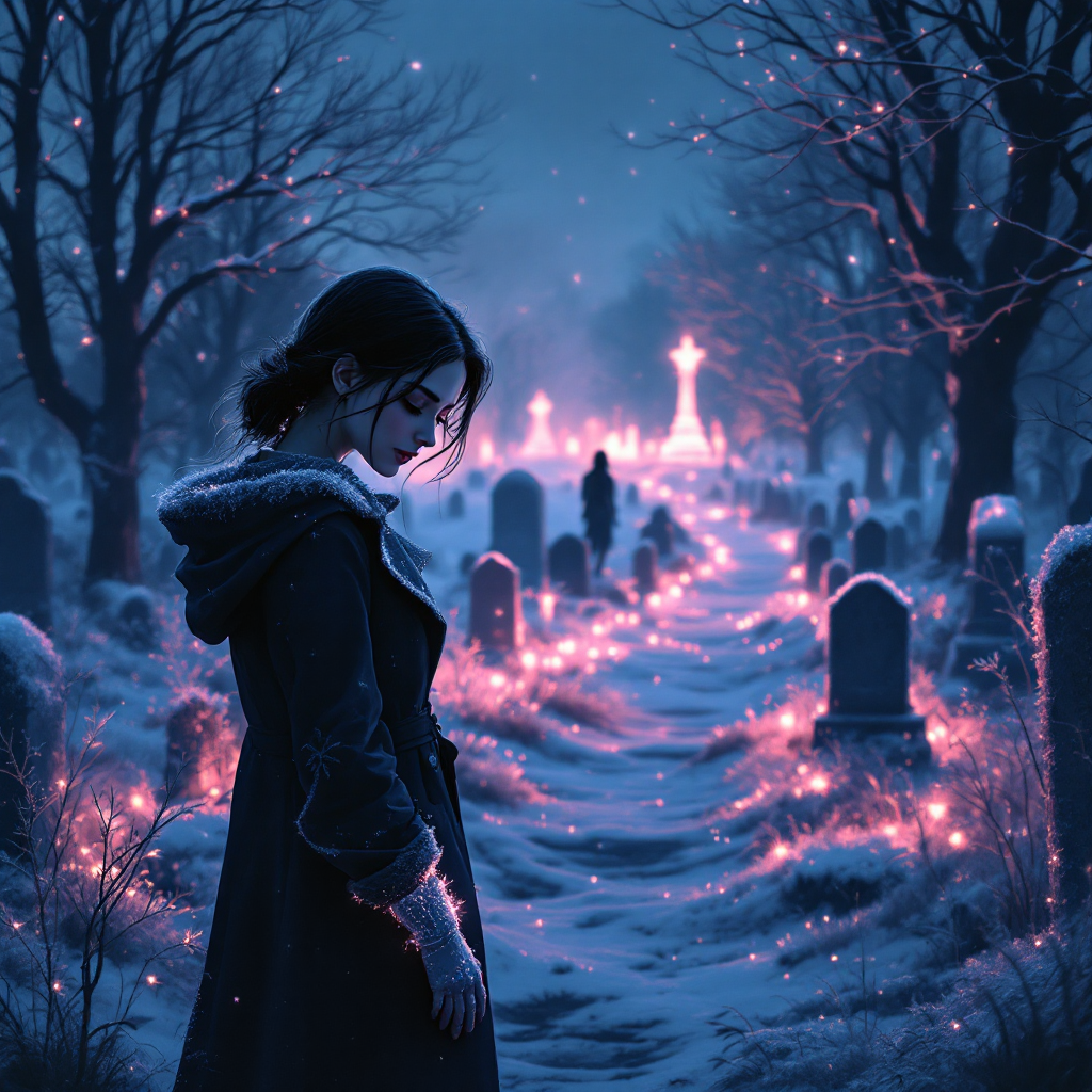 A woman in a dark coat stands in a snowy cemetery, illuminated by soft, glowing lights. Her expression reflects a bittersweet longing for her deceased wife amidst the tranquil surroundings.