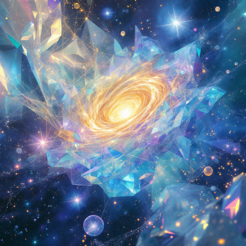 An abstract representation of a galaxy surrounded by shimmering, crystalline structures, illustrating the concept of space existing independently from time, energy, and mass.