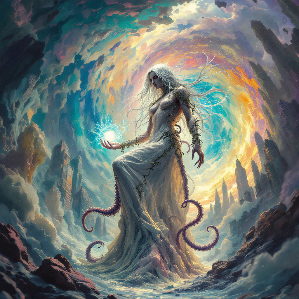 A serene figure with flowing hair stands in a swirling, colorful mist, holding a glowing orb. Tentacle-like forms intertwine with her gown, embodying the spirit of pursuit amidst uncertainty.