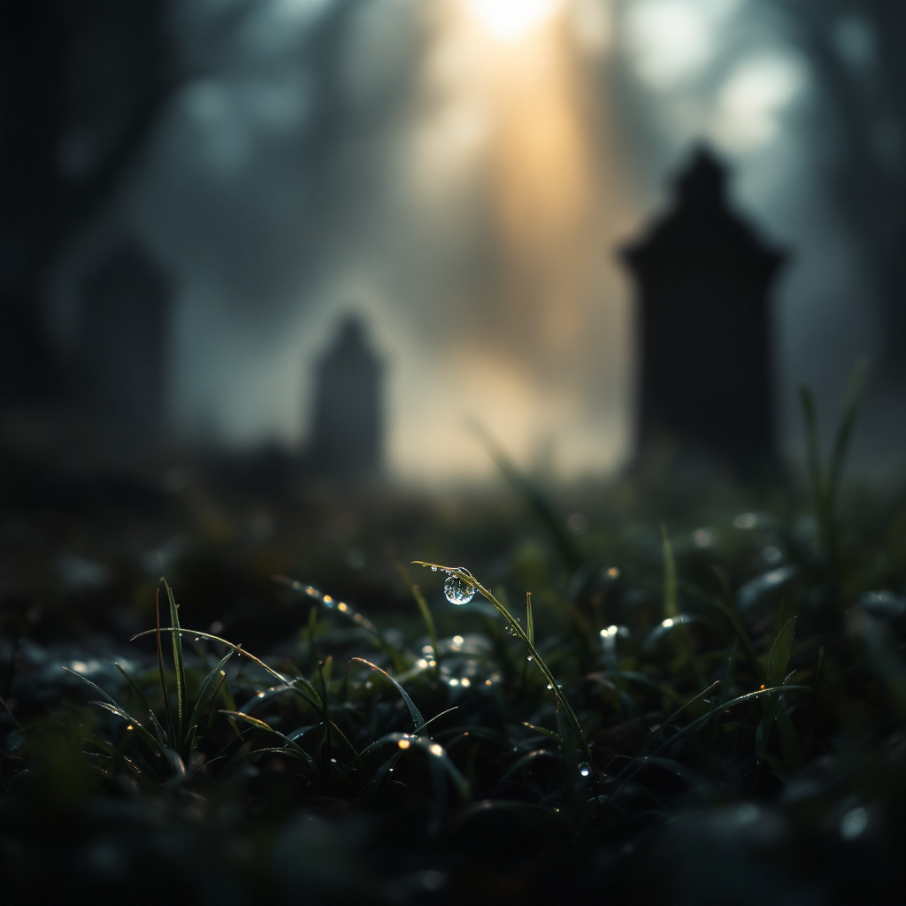 A misty graveyard with blurred tombstones emerges through fog, illuminated by soft light, evoking the mystery of what lies beyond the veil of death.