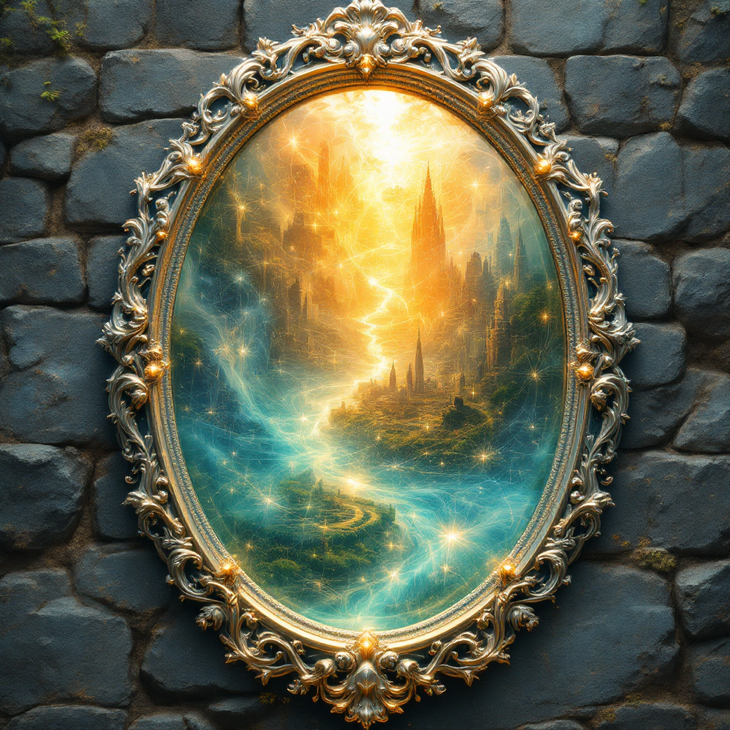 An ornate mirror reflects a vibrant, mystical landscape of swirling colors and ethereal castles, embodying the idea that the past reveals not just history but possibilities.