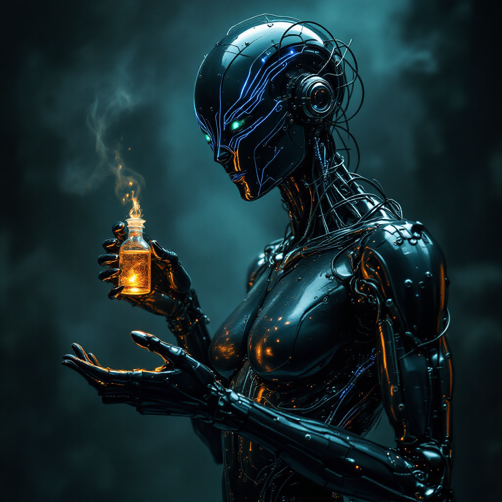 A sleek, humanoid robot with a glowing blue head and intricate circuitry holds a small bottle emitting wisps of smoke, reflecting themes of memory and identity.