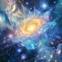 An abstract representation of a galaxy surrounded by shimmering, crystalline structures, illustrating the concept of space existing independently from time, energy, and mass.