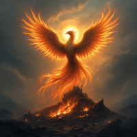 A majestic phoenix rises from a fiery landscape, its radiant wings glowing with warm hues, embodying the strength and rebirth suggested by the quote, From the ashes, we rise stronger than before.