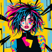 A vibrant illustration of a girl with striking blue and pink hair and colorful body art, embodying the spirit of the quote A girl has no name against a bold, graphic background.