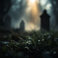 A misty graveyard with blurred tombstones emerges through fog, illuminated by soft light, evoking the mystery of what lies beyond the veil of death.