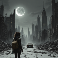 A lone figure with a backpack stands in a desolate cityscape, gazing at a moonlit skyline amidst crumbled buildings, reflecting the idea that the future is uncertain and survival is key.