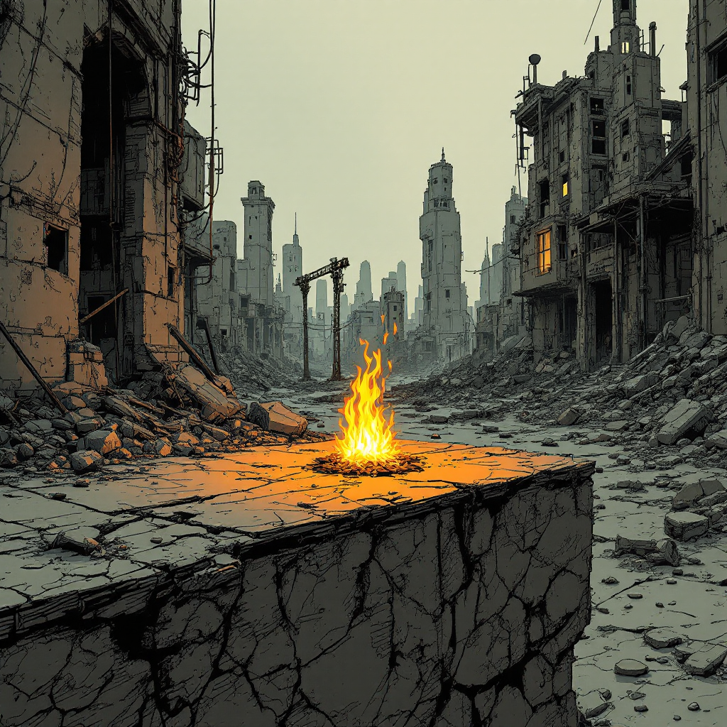 A small, vibrant fire burns amid the ruins of a desolate city, representing hope and resilience in a stark, crumbling landscape.