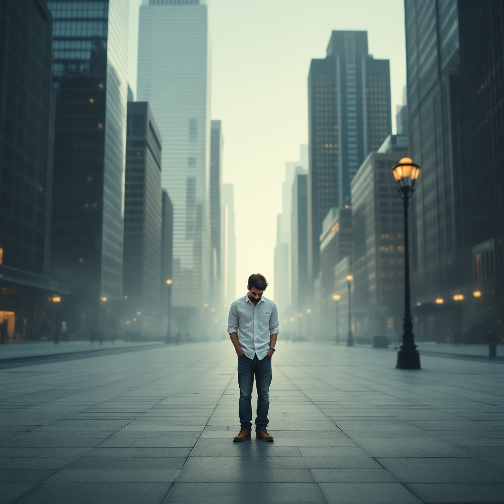 A lone figure stands in a foggy, empty city street, surrounded by tall skyscrapers, embodying the sentiment of change from the quote: In the end, all it takes is one person to change everything.