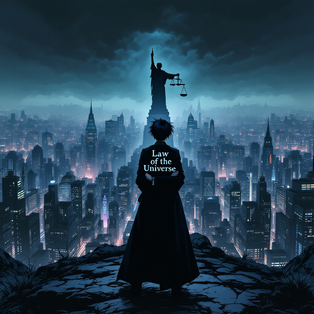 A figure in a dark cloak stands on a rocky ledge, gazing over a city skyline. In the distance, a statue holding scales symbolizes justice, embodying the quote about universal law.