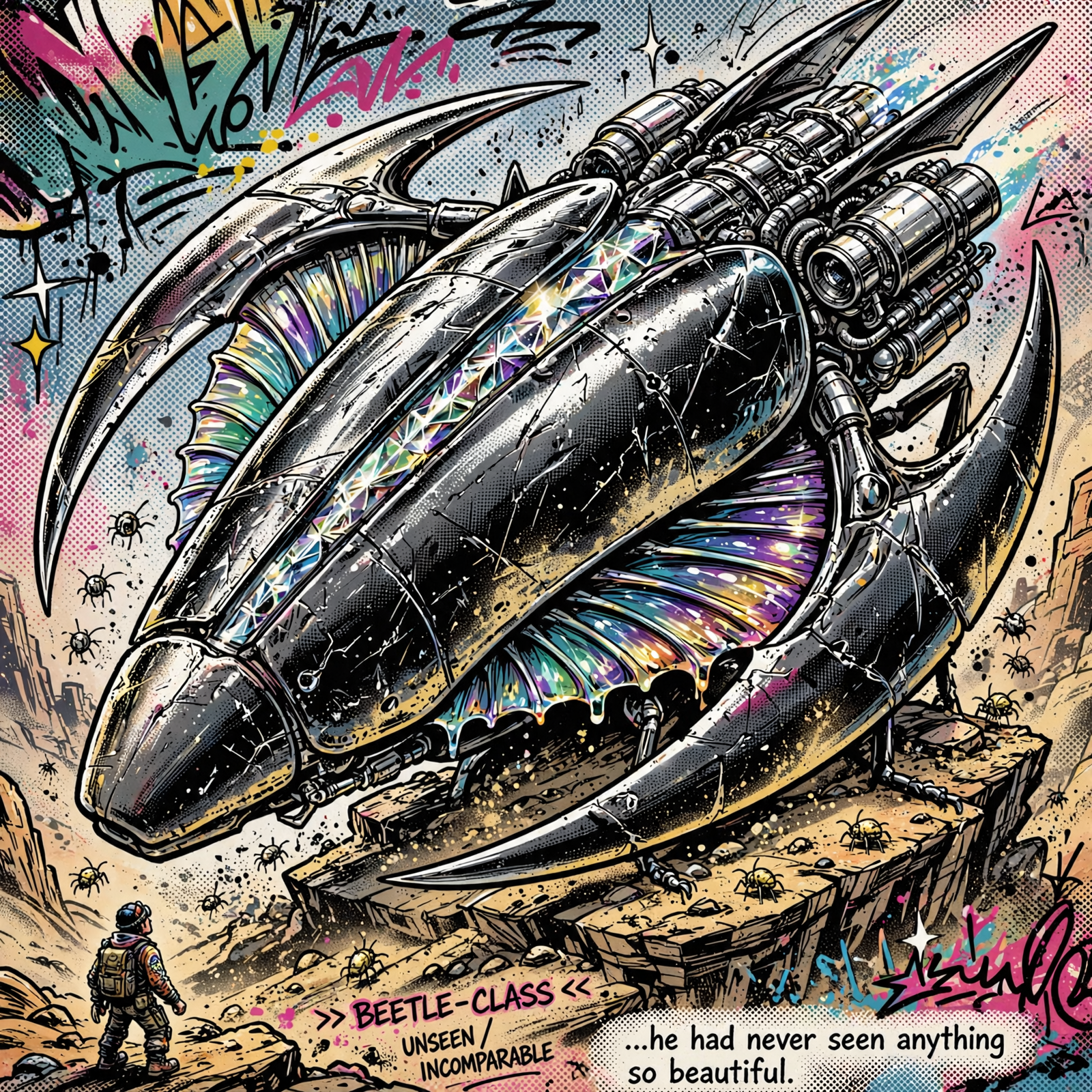 A sleek, beetle-like ship with a reflective black shell marked by scars and cracks, translucent iridescent gill-like arrays, sickle-shaped wings folded tight, and clustered silvery engines.