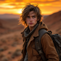 A young adventurer stands against a vibrant sunset, embodying the spirit of seizing adventure amidst sprawling desert landscapes.