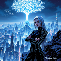 A futuristic woman with long, silver hair stands confidently in front of a glowing tree, overlooking a vibrant cityscape, embodying the idea of changing thoughts to transform the world.