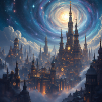 A celestial city glimmers under a swirling galaxy, with towering spires and clock towers, embodying the vastness and mystery of the universe beyond imagination.