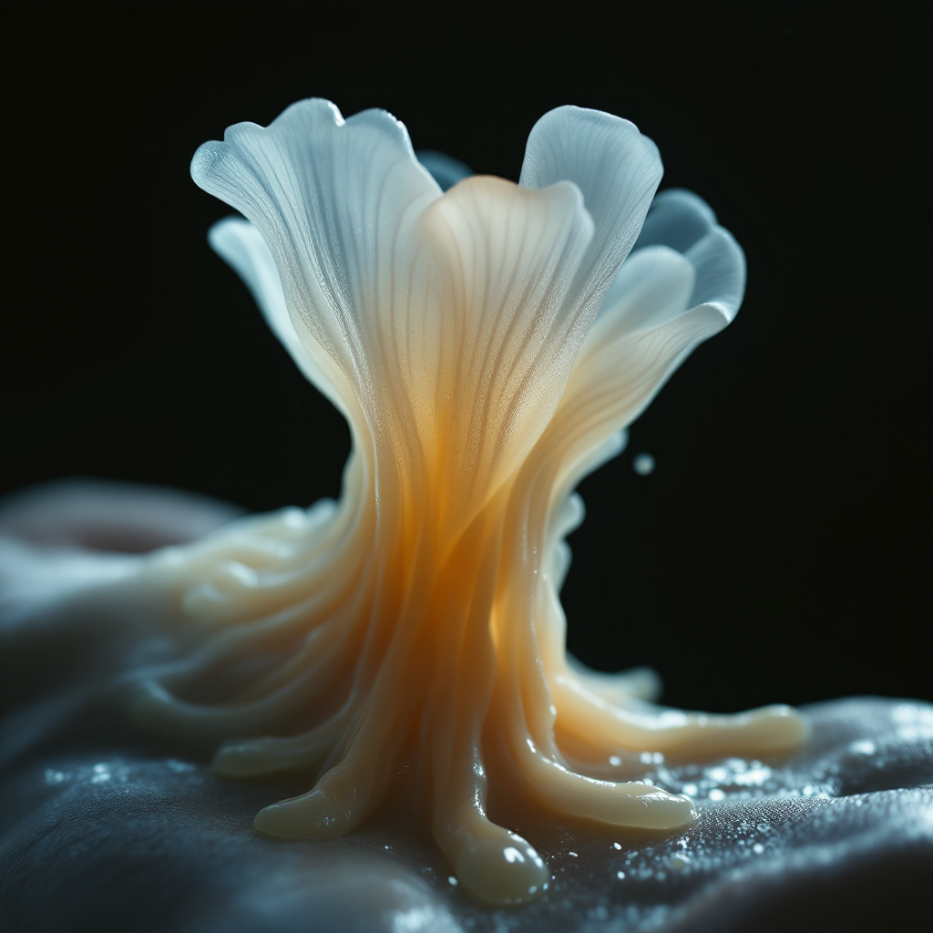 A translucent, flowing slime mold rises from a pale surface, its delicate, frilly edges suggesting movement, capturing the moment of a wet slap to the face as described in the quote.