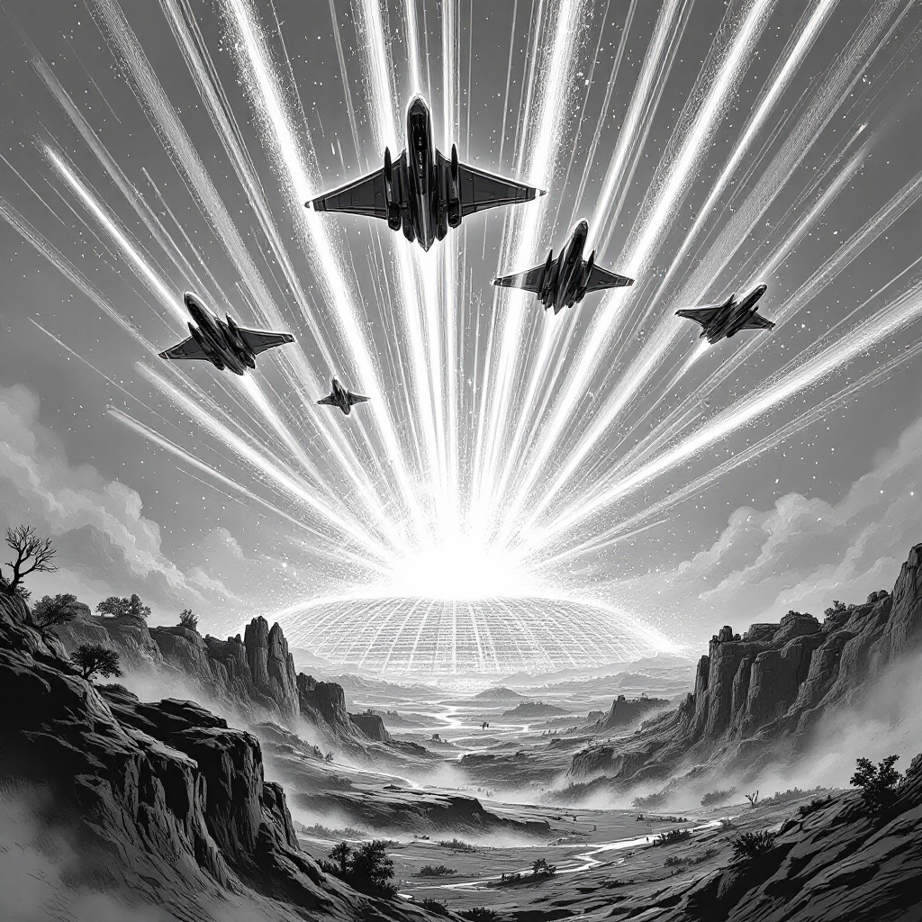 A dramatic monochrome scene depicting advanced aircraft firing particle lances towards a glowing dome, creating a brilliant display of energy that illuminates the sky and landscape below.