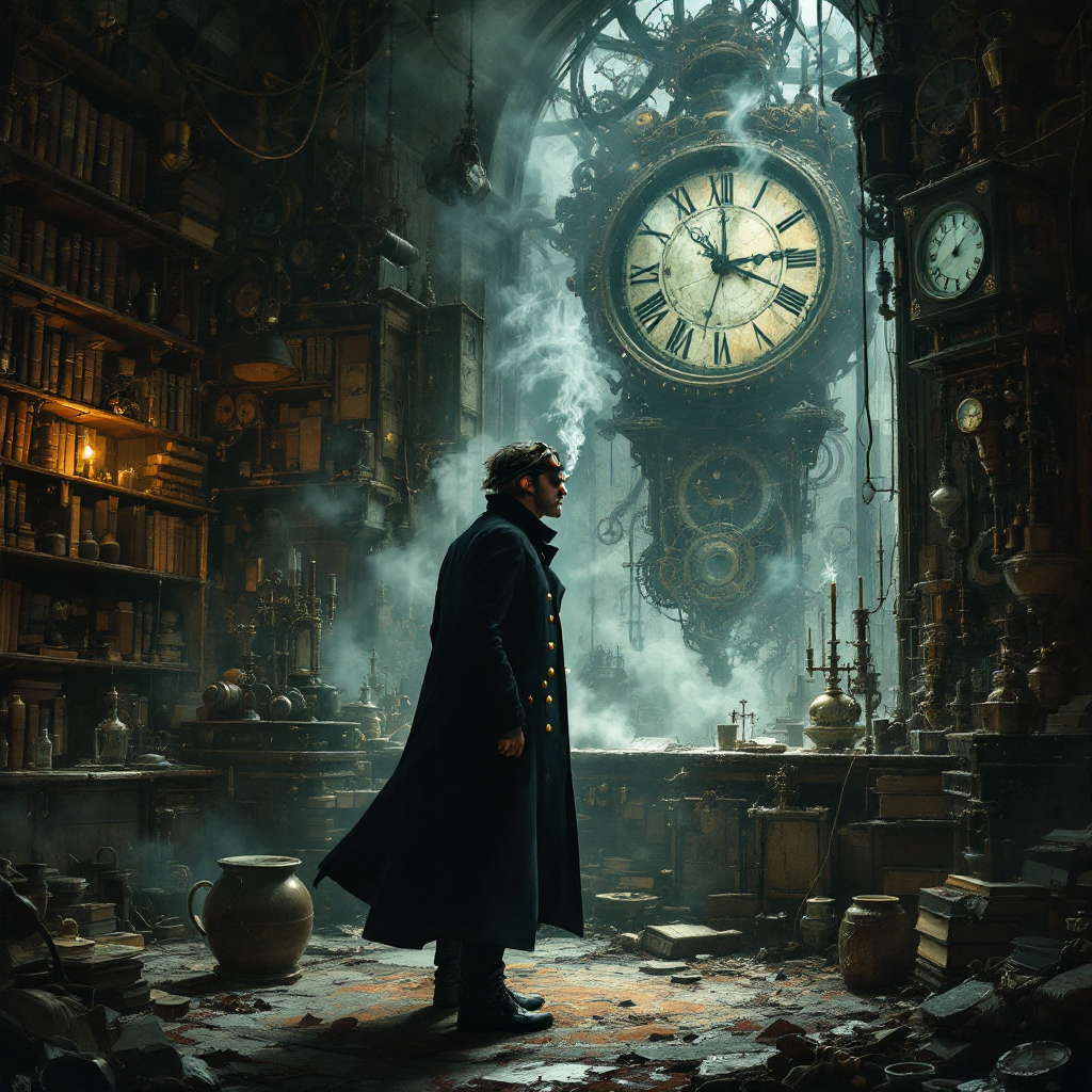 A figure in a long coat stands in a dimly lit, cluttered library filled with books and mysterious artifacts, gazing at a large, ornate clock, evoking themes of lost knowledge and time.