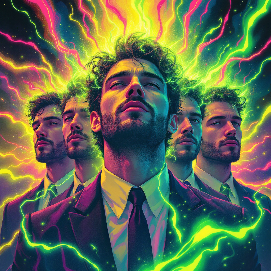 A man in a suit stands confidently at the center, surrounded by multiple versions of himself, with vibrant, electric colors radiating from behind, embodying the essence of the quote about intriguing personalities.