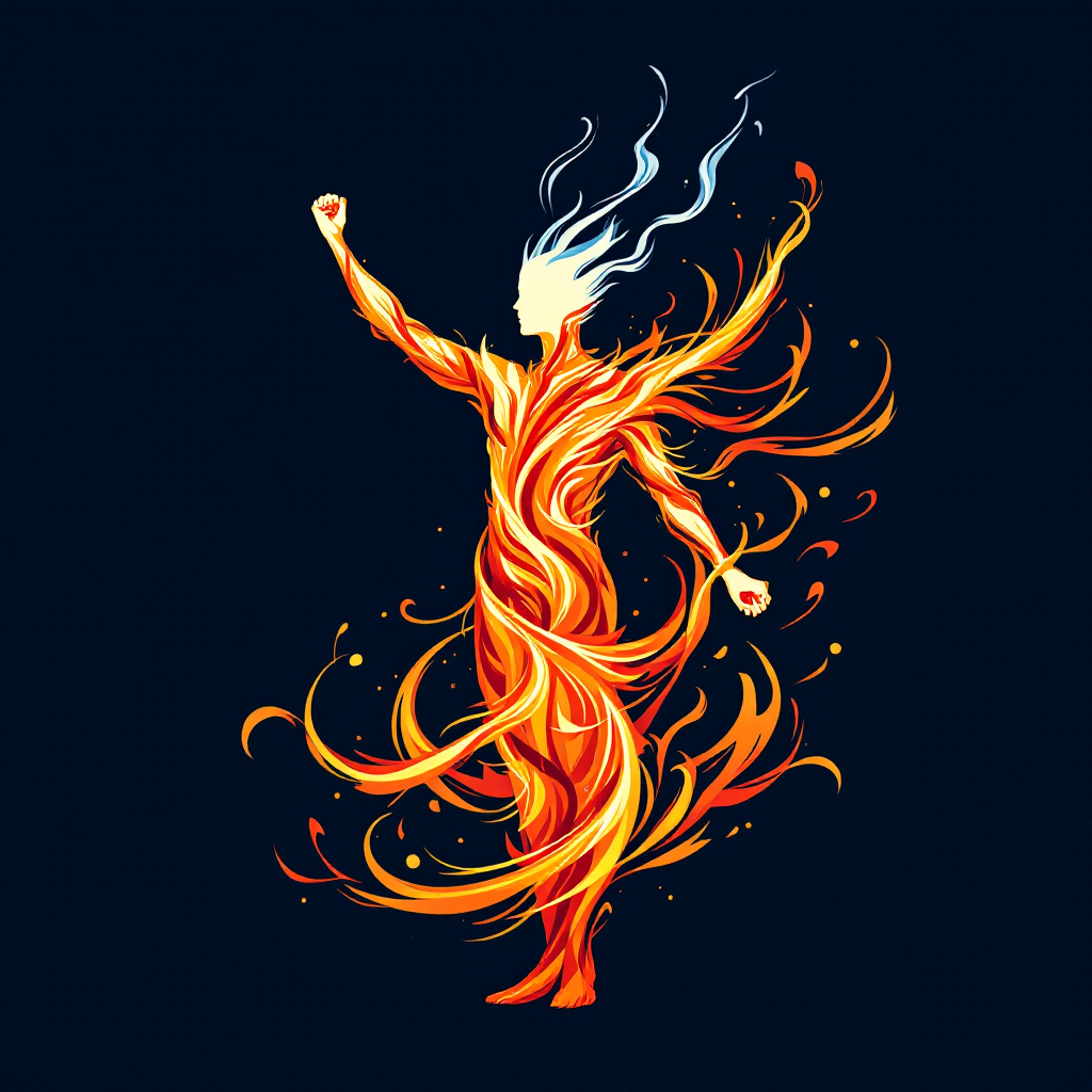 A vibrant figure made of flames stands confidently with one arm raised, embodying inner strength and the power to control one’s inner fire against a dark background.