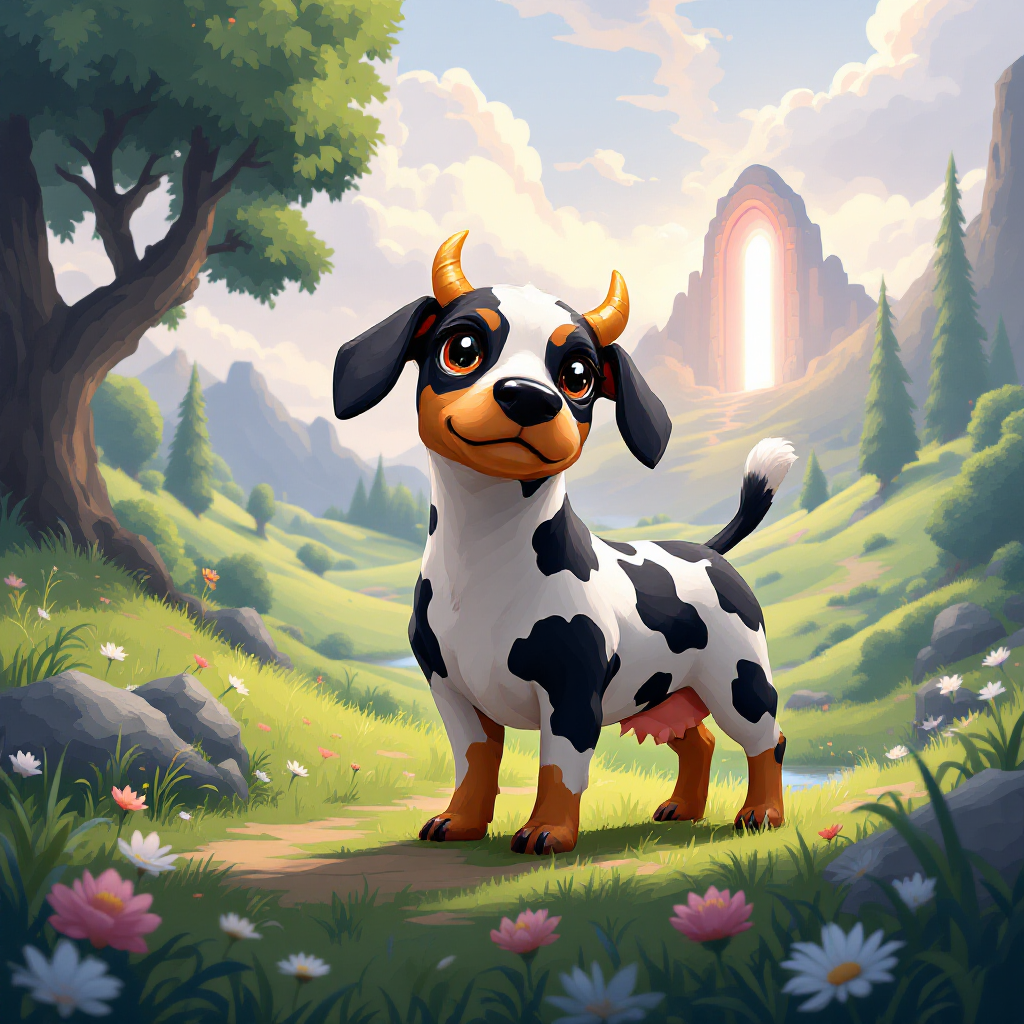 A cheerful cartoon dog with cow-like spots stands on a grassy path, surrounded by flowers, under a vibrant sky with a glowing archway in the background, embodying resilience and positivity.