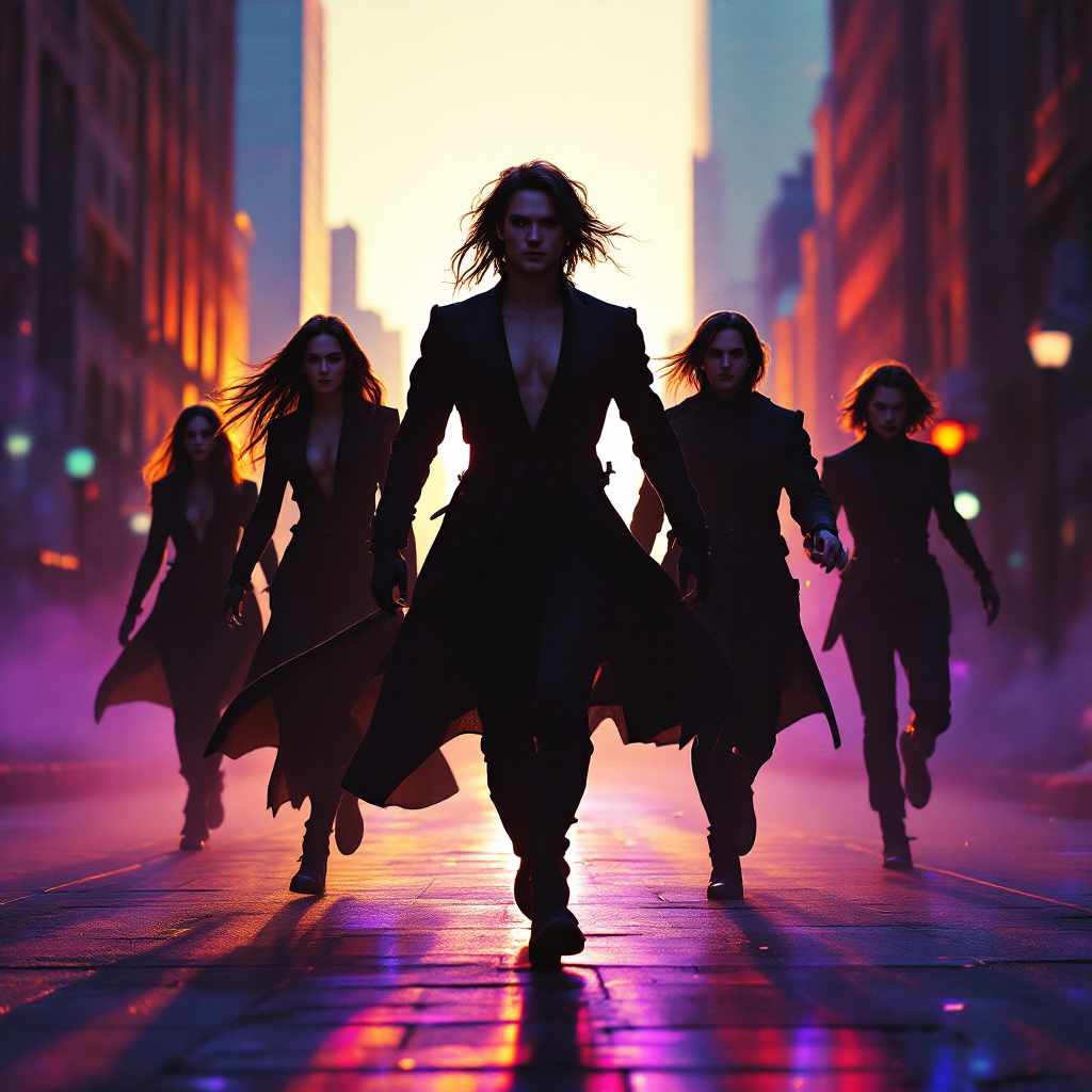 Five shadowy figures in dark, flowing coats stride confidently down a vibrant, misty urban street at sunset, embodying the bravery and heroism of Shadowhunters.