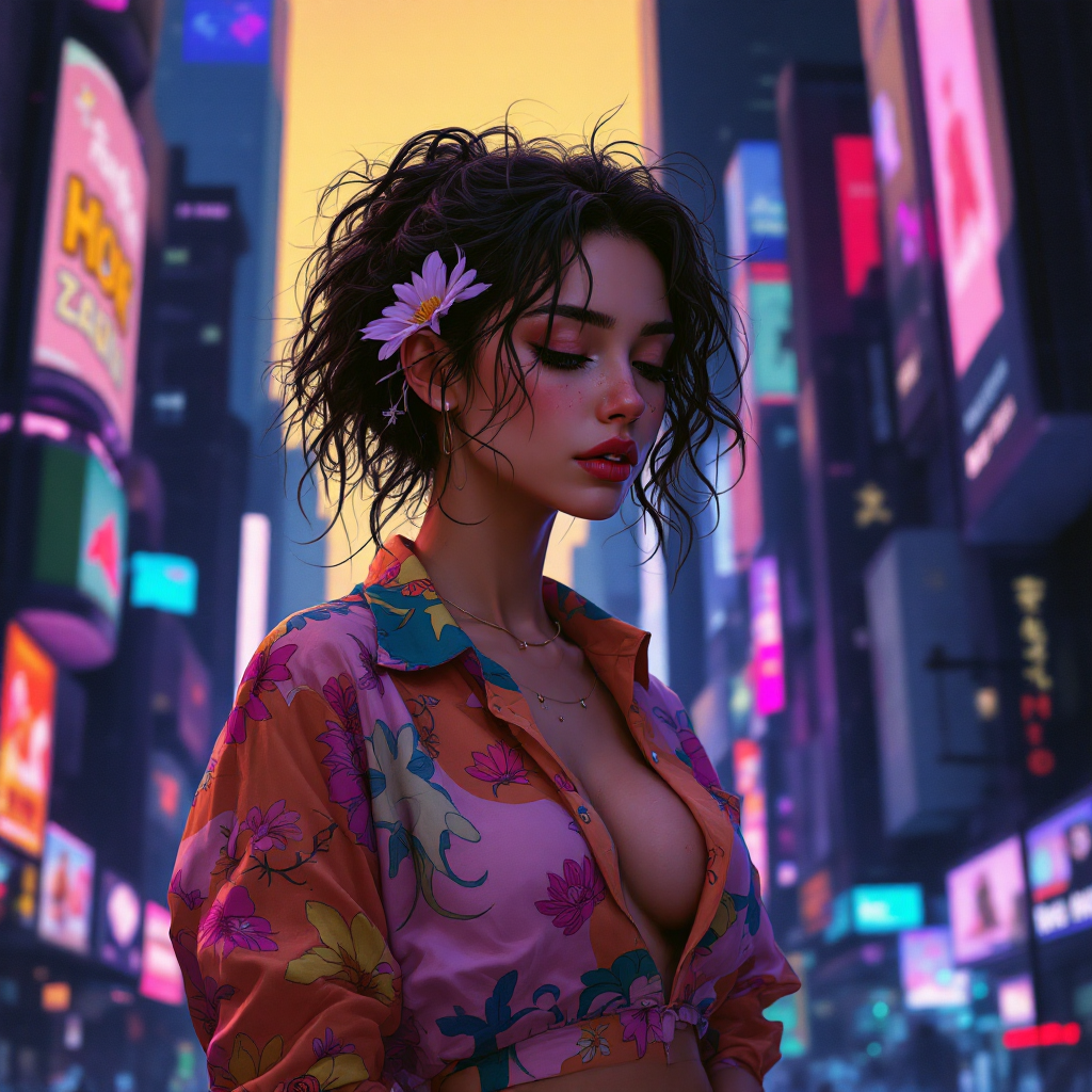 A young woman with curly hair and a flower in her hair stands thoughtfully amid neon-lit city streets, embodying authenticity in a vibrant, modern world.