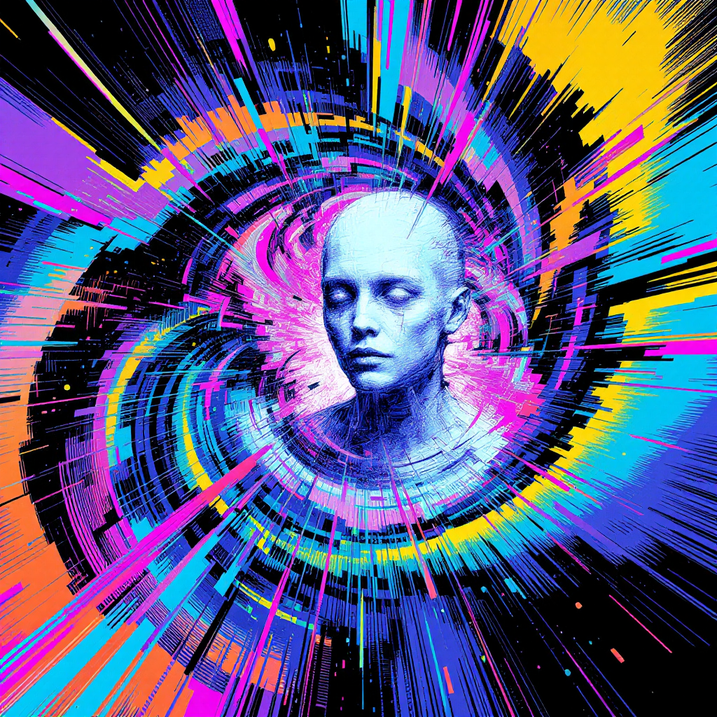 A surreal portrait of a serene figure surrounded by vibrant, swirling colors and dynamic lines, embodying the complexity of understanding from the quote about explanation and comprehension.