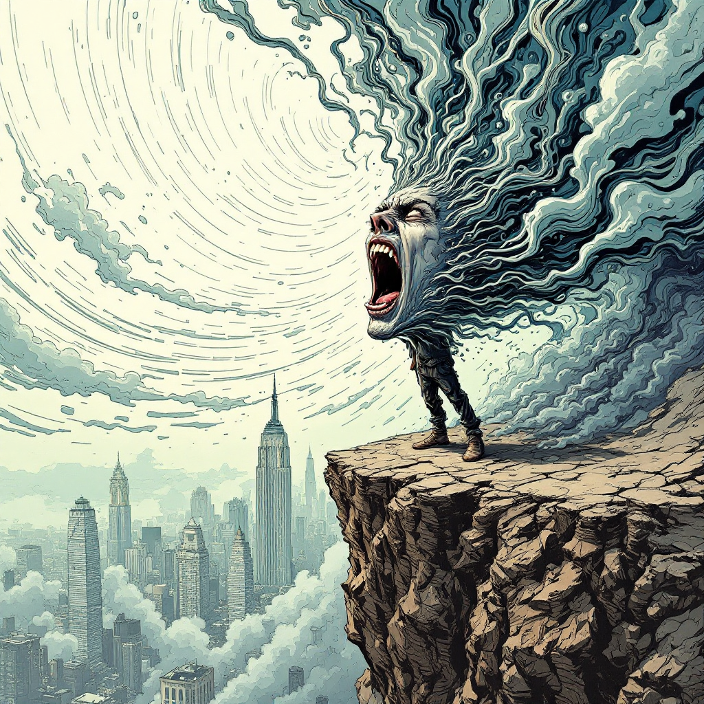 A figure stands on a rocky edge, screaming powerfully into swirling clouds above a city skyline, embodying the quote about the urgency of asking and being heard.