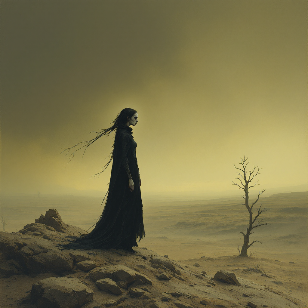 A figure in a flowing black dress stands on rocky terrain, gazing into a barren landscape under a muted yellow sky, evoking themes of survival and resilience.