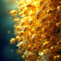 A close-up of numerous golden bugs, shimmering in the light, creating a captivating display of their intricate details and textures against a blurred background.