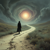 A figure in a dark cloak walks a winding, cracked path towards a swirling, glowing portal in a stormy sky, embodying the journey down a road to nowhere.