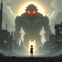 A child stands defiantly before a colossal, menacing figure against a backdrop of a full moon, symbolizing love as a primal rebellion against the collective order.