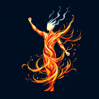 A vibrant figure made of flames stands confidently with one arm raised, embodying inner strength and the power to control one’s inner fire against a dark background.