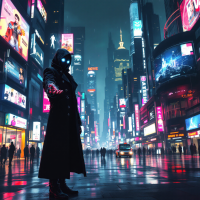 A cloaked figure with glowing blue eyes stands in a neon-lit cityscape, illuminated by vibrant advertisements, evoking a sense of mystery and deep emotional connection.