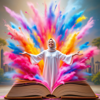 A joyful young woman in a white dress stands with outstretched arms, surrounded by vibrant, colorful splashes emanating from an open book, symbolizing the empowering potential of education.