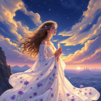 A serene figure in a flowing white dress stands in prayer at sunset, holding a candle. Her long hair flows gently in the wind, embodying the quote, We need hope, or else we cannot endure.