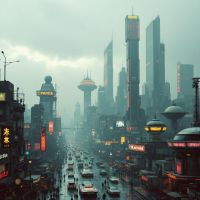 A moody, futuristic cityscape shrouded in mist, featuring towering skyscrapers and bright neon signs, embodying the essence of a nameless place defined only by a number.