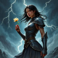 A fierce warrior in shining armor stands against a stormy backdrop, clutching a delicate flower, embodying the essence of courage amidst fear.