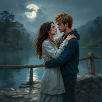 A couple embraces by a tranquil lake under a full moon, symbolizing resilience in friendship and the bond that withstands challenges.